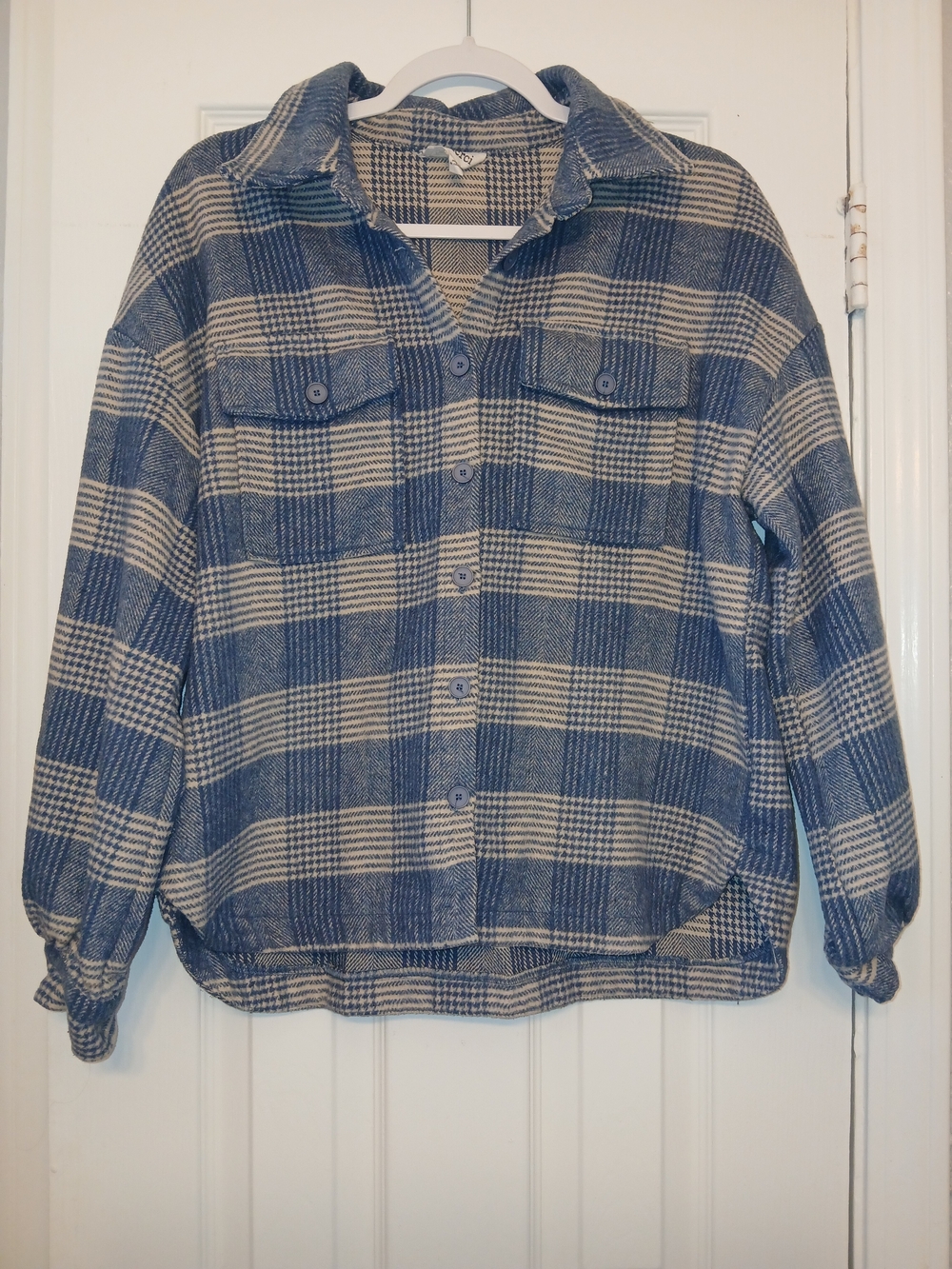 Blue and Cream Plaid Button-Up Wool Shacket for Women